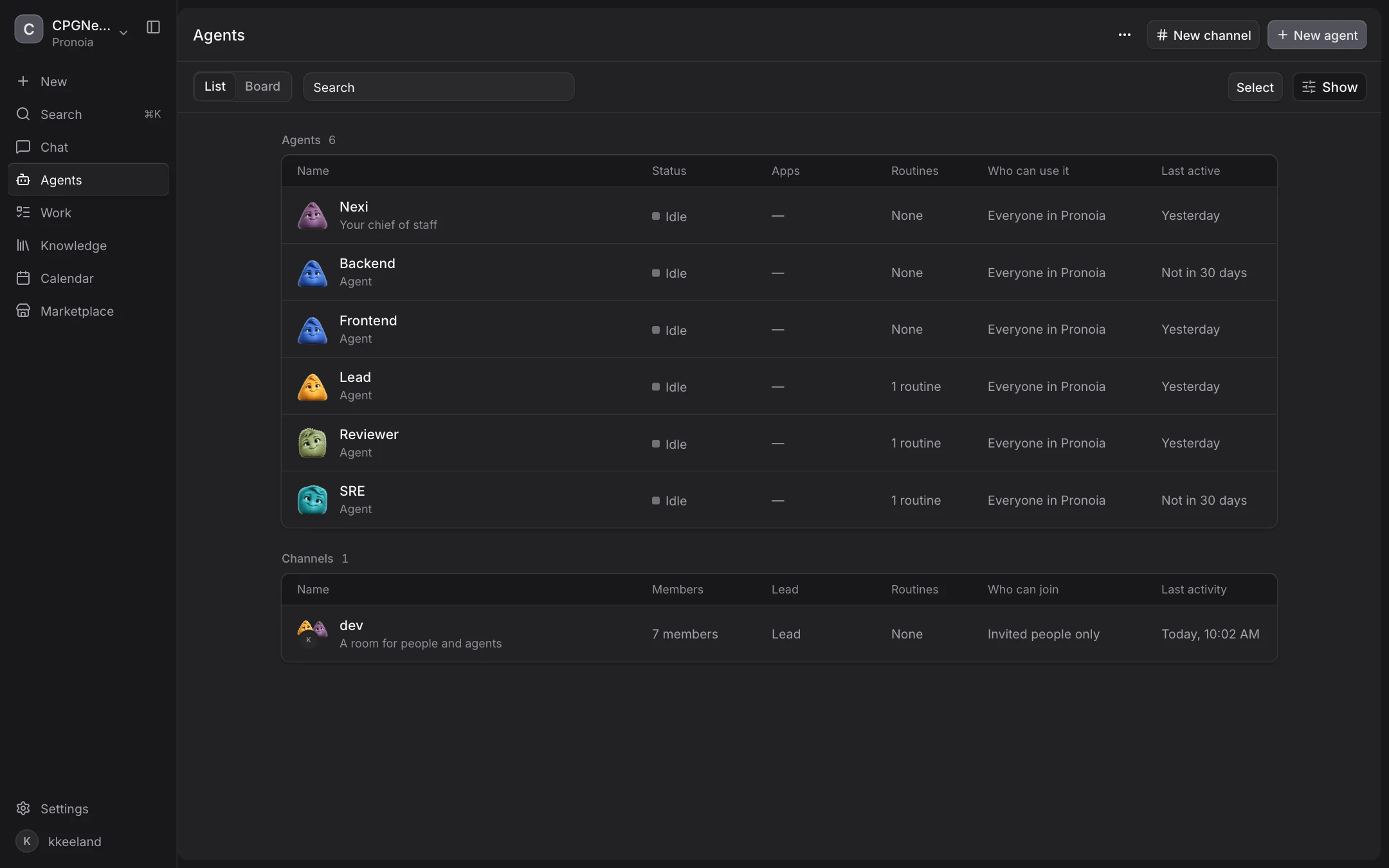 The Agents list with each agent's status, routines and who can use it